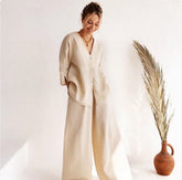 Elegant Cotton-Linen Long-Sleeve Pajama Set - Relaxed Fit